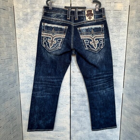 Rock Revival Lowry Rlxd St 17 Blue Denim Dark Wash Distressed sz 36 - Picture 2 of 8